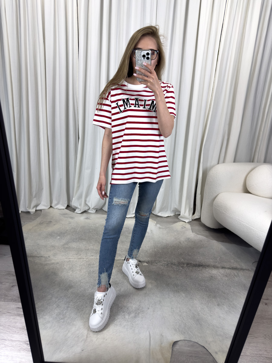 T-shirt Malibu czerwony w czerwono-białe paski z nadrukiem – damska koszulka casualowa