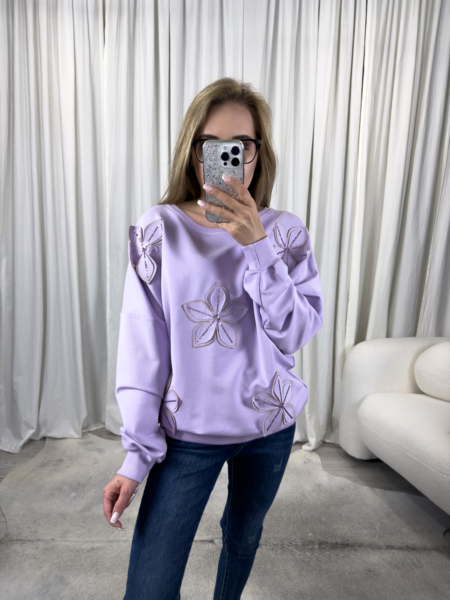 Bluza Rosalie liliowa z haftem kwiatowym i pastelowym wykończeniem