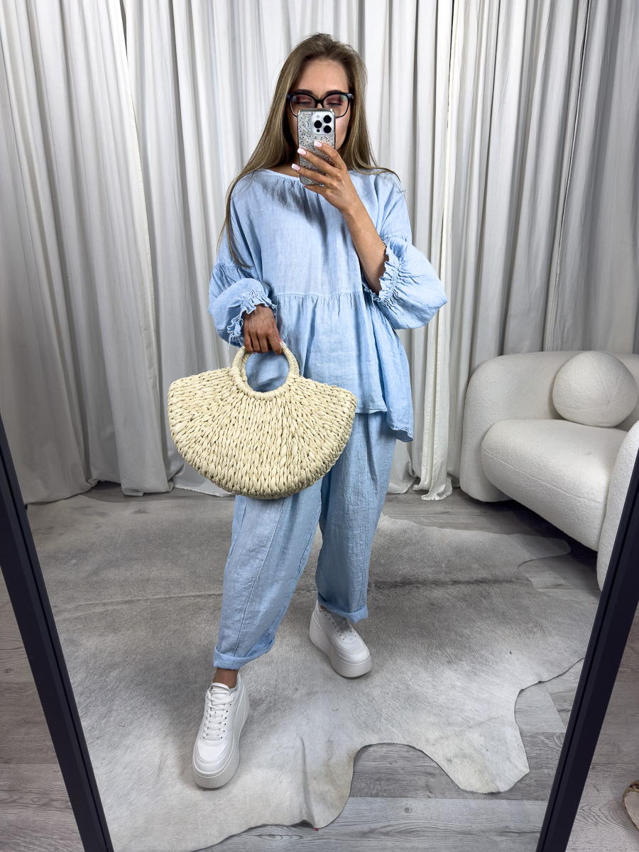 Komplet lniany Ina Wiya – błękitna wersja zestawu z naturalnego lnu, prezentacja całości